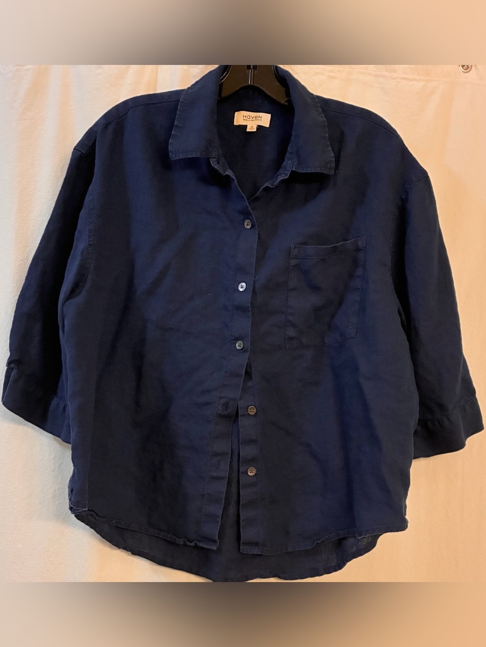 Haven Linen 3/4 Sleeve Buttondown Top. Linen, Navy Blue. EUC. Oversized Medium.